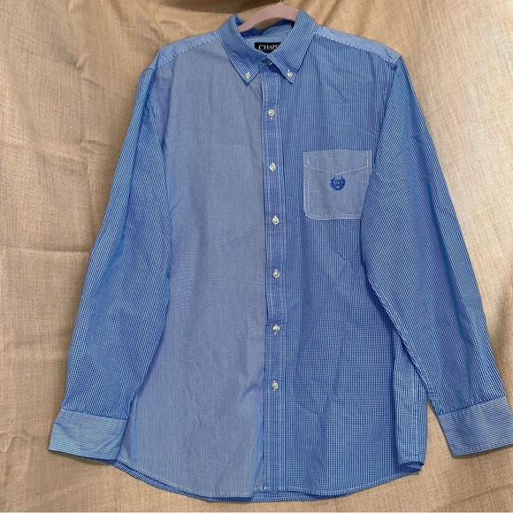 👔Men's CHAPS Blue & White Stripe & Checkered Button Long Sleeve Shirt size Large - Picture 1 of 4